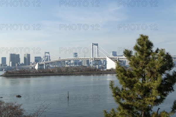 Landmark, Architecture, View of the Rainbow Brigde over Tokyo Bay, Odaiba, Minato City, Tokyo, Japan