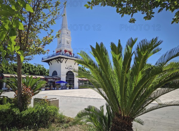 KEMER, TURKEY - JULY 5, 2025 Beautiful view to Kemer Saat Kulesi today Cafe Mokka in the city centrum