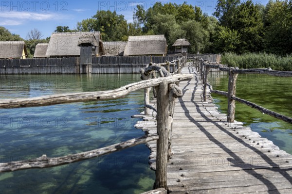 Wooden bridge leads over clear water to thatched huts surrounded by trees, pile dwellings Unteruhldingen Open-Air Museum Lake Constance Germany