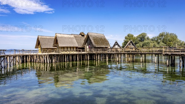 Historic pile dwellings on the shore of a lake with reflecting water, pile dwellings Unteruhldingen Open-Air Museum Lake Constance Germany
