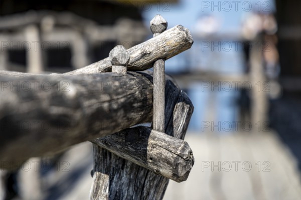 Close-up of a rustic wooden frame with a blurred background, pile dwellings Unteruhldingen Open-Air Museum Lake Constance Germany