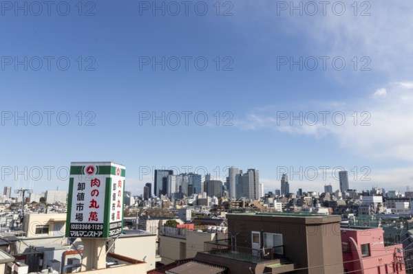 Modern architecture, view over the rooftops of the city to the glass facades of skyscrapers against a blue sky, skyline of Shinjuku, Tokyo, Chiba, Japan