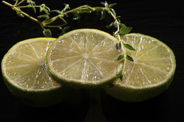 Three lime slices with green decoration on a stone plate