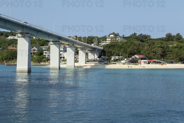 Architecture, Sesoko Bridge and Anchi-hama Beach, sandy beach of Sesoko-jima, Sesoko Island, Motobu, Kunigami District, Okinawa, Japan