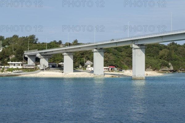 Architecture, Sesoko Bridge and Anchi-hama Beach, sandy beach of Sesoko-jima, Sesoko Island, Motobu, Kunigami District, Okinawa, Japan