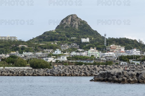 View of the harbour and Mount Gusuku on Ie-jima, Ie Island, Motobu, Kunigami District, Okinawa, Japan