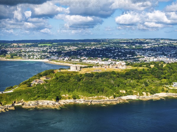 Pendennis Castle and Pendennis Point from a drone, Falmouth, Cornwall, UK