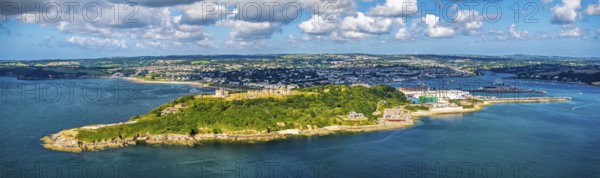 Panorama of Pendennis Castle and Pendennis Point from a drone, Falmouth, Cornwall, UK