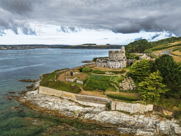 St Mawes Castle from a drone, Carrick Roads, River Fal, Falmouth, Cornwall, UK
