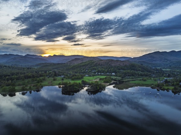 Sunset over Windermere Lake from a drone, Ambleside, Lake District, Cumbria, England, United Kingdom