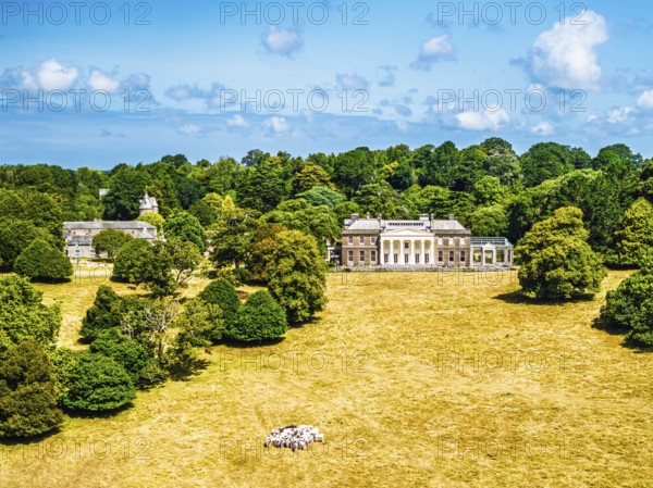 Trelissick House and Garden from drone, Carrick Roads, River Fal, Feock, Truro, Cornwall, UK