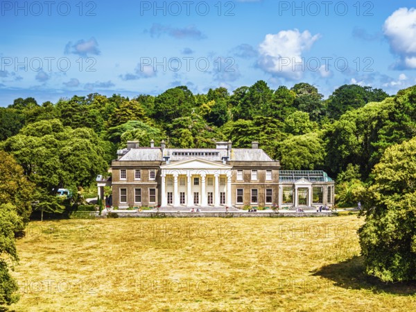 Trelissick House and Garden from drone, Carrick Roads, River Fal, Feock, Truro, Cornwall, UK
