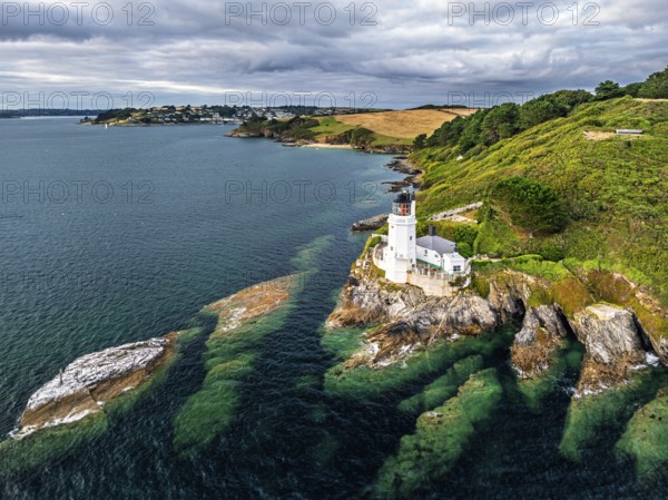 St Anthony Lighthouse from drone, Roseland peninsula, Head circular walk, Cornwall, UK