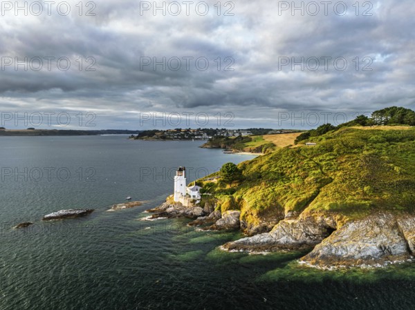 St Anthony Lighthouse from drone, Roseland peninsula, Head circular walk, Cornwall, UK