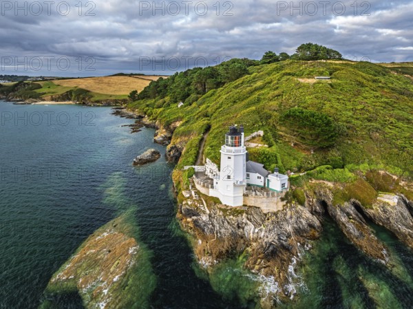 St Anthony Lighthouse from drone, Roseland peninsula, Head circular walk, Cornwall, UK