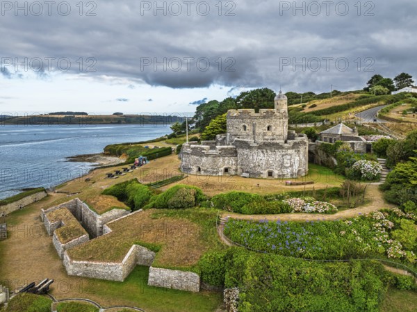 St Mawes Castle from a drone, Carrick Roads, River Fal, Falmouth, Cornwall, UK