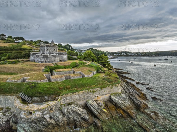 St Mawes Castle from a drone, Carrick Roads, River Fal, Falmouth, Cornwall, UK
