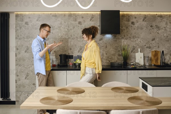 The husband explains his ideas to the young wife actively gesturing his hands during a conversation in the kitchen