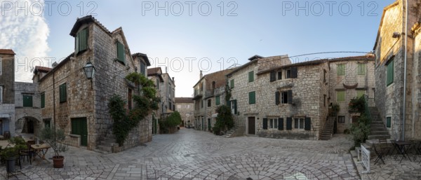 Trg Skor, Skor Square, stone houses in the old town centre, panoramic view, Starigrad, island of Hvar, Dalmatia, Croatia