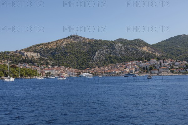 View of the harbour and the town of Hvar from the sea, island of Hvar, Dalmatia, Croatia