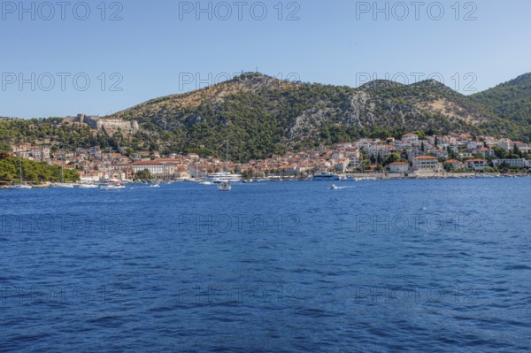 View of the harbour and the town of Hvar from the sea, island of Hvar, Dalmatia, Croatia