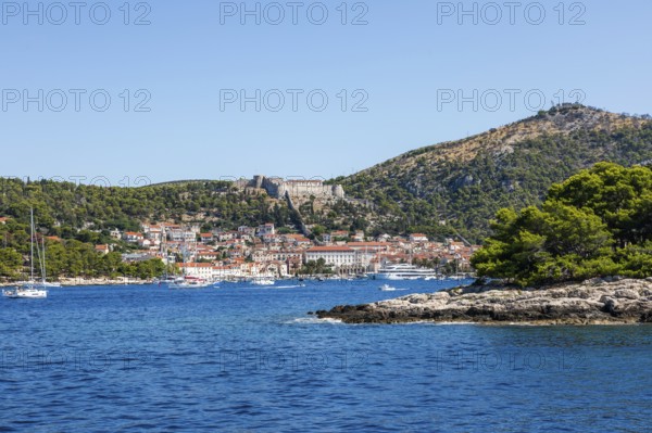 View of the harbour and the town of Hvar from the sea, island of Hvar, Dalmatia, Croatia