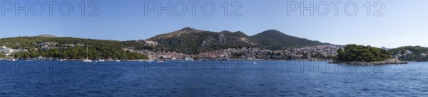 View from the sea to the harbour and the town of Hvar, panoramic view, island of Hvar, Dalmatia, Croatia