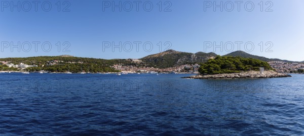 View from the sea to the harbour and the town of Hvar, panoramic view, island of Hvar, Dalmatia, Croatia