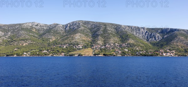 View from the sea to Ivan Dolac, panoramic view, island Hvar, Dalmatia, Croatia