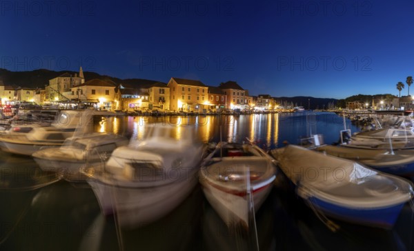 Boats in the harbour, blue hour, panoramic shot, Starigrad, Dalmatia, Croatia