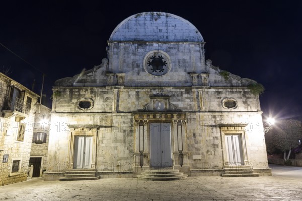 Church facade, Church of St Stephen, night shot, Starigrad, Island of Hvar, Dalmatia, Croatia