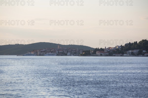 View from the sea to the old town centre of Korcula in the morning light, Korcula, Dalmatia, Croatia