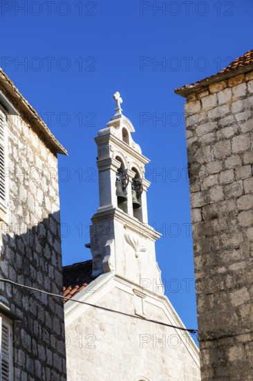 Church tower, bell tower, Crkva sv. Roka, Starigrad, Island of Hvar, Dalmatia, Croatia