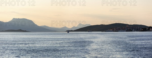 View from the sea to the Makarska mountains in the morning light, near Korcula, Dalmatia, Croatia