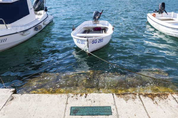 Plaque commemorating the visit of Emperor Franz Josef, harbour of Starigrad, Starigrad, island of Hvar, Dalmatia, Croatia