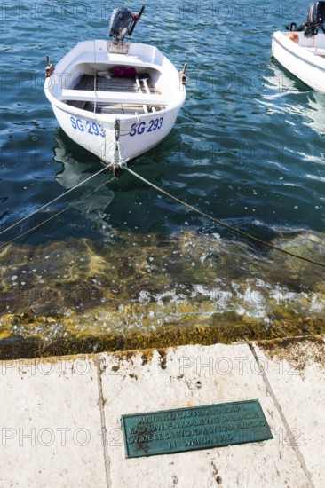 Plaque commemorating the visit of Emperor Franz Josef, harbour of Starigrad, Starigrad, island of Hvar, Dalmatia, Croatia