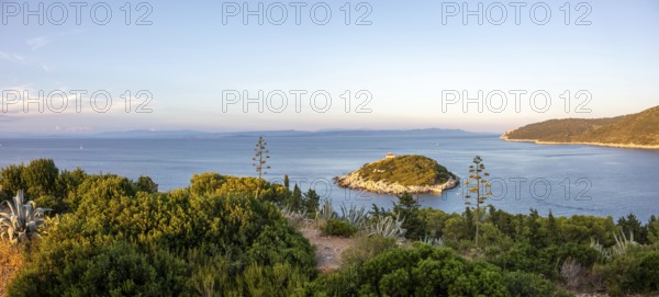 View from the island Vis to an offshore island, bay of the town Vis, panoramic view, island Vis, Mediterranean Sea, Dalmatia, Croatia