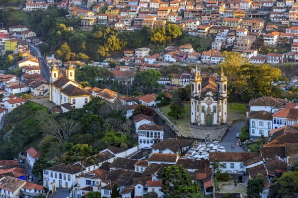 Historic center of Ouro Preto seen from above with its old houses and churches