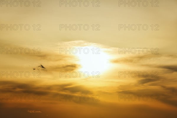 Evening sun behind cirrus, golden evening sky, full-frame, Oia, Thira, Santorini, Cyclades, Greece
