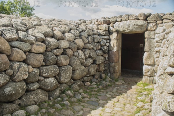 Entrance to King's grave, a 75-meter-diameter Bronze Age cairn containing a coffin with ten stone slabs with carved figures, in Kivik, Simrishamn Municipality, Skåne County, Sweden, Scandinavia