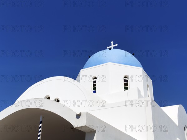 Church of St Gerasimos with blue dome, Firostefani, Thira, Santorini, Cyclades, Greece