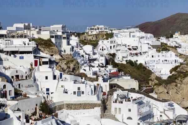 Typical white architecture on a hillside, cave dwellings, holiday flats, stairs, narrow alleyways, Oia, Thira, Santorini, Cyclades, Greece