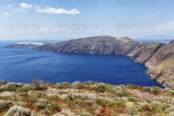 View of the cliffs, hiking trail from Fira to Oia, Thira, Santorini, Cyclades, Greece