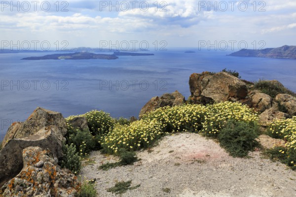 Coastline, view of the caldera, islands, hiking trail from Fira to Oia, Thira, Santorini, Cyclades, Greece