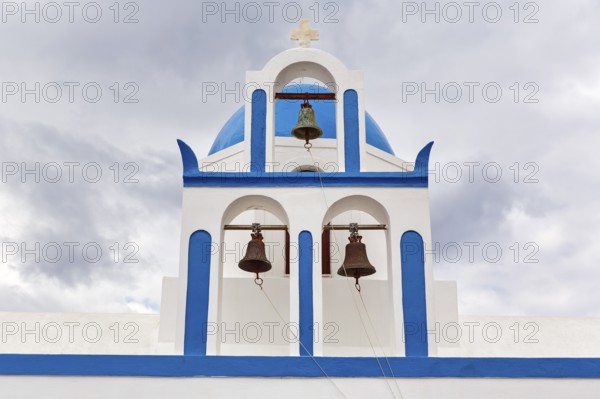 Blue and white bell tower, Mikros Profitis Ilias church, hiking trail from Fira to Oia, Thira, Santorini, Cyclades, Greece