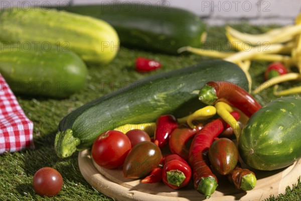 Fresh courgettes, tomatoes, cucumbers and peppers on a wooden board on grass