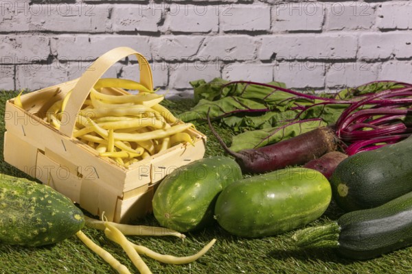 Vegetable mix of yellow beans, beetroot, cucumber and courgette on green grass