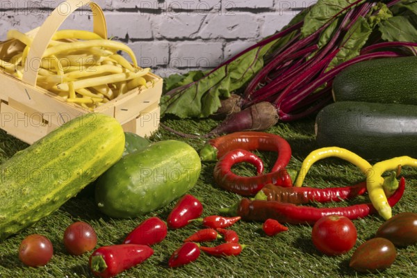 Vegetable mix of yellow beans, beetroot, cucumber, tomatoes, peppers and courgettes on green grass