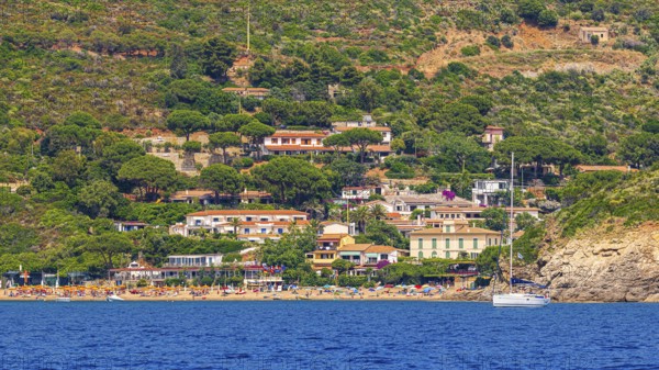 The village of Innamorata with beach, Elba Island, Tuscan Archipelago National Park, Tuscany, Italy