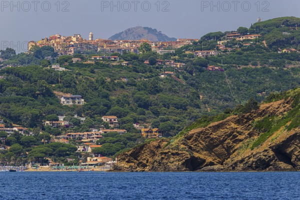 The village of Innamorata with beach, above the village of Capoliveri, Elba Island, Tuscan Archipelago National Park, Tuscany, Italy